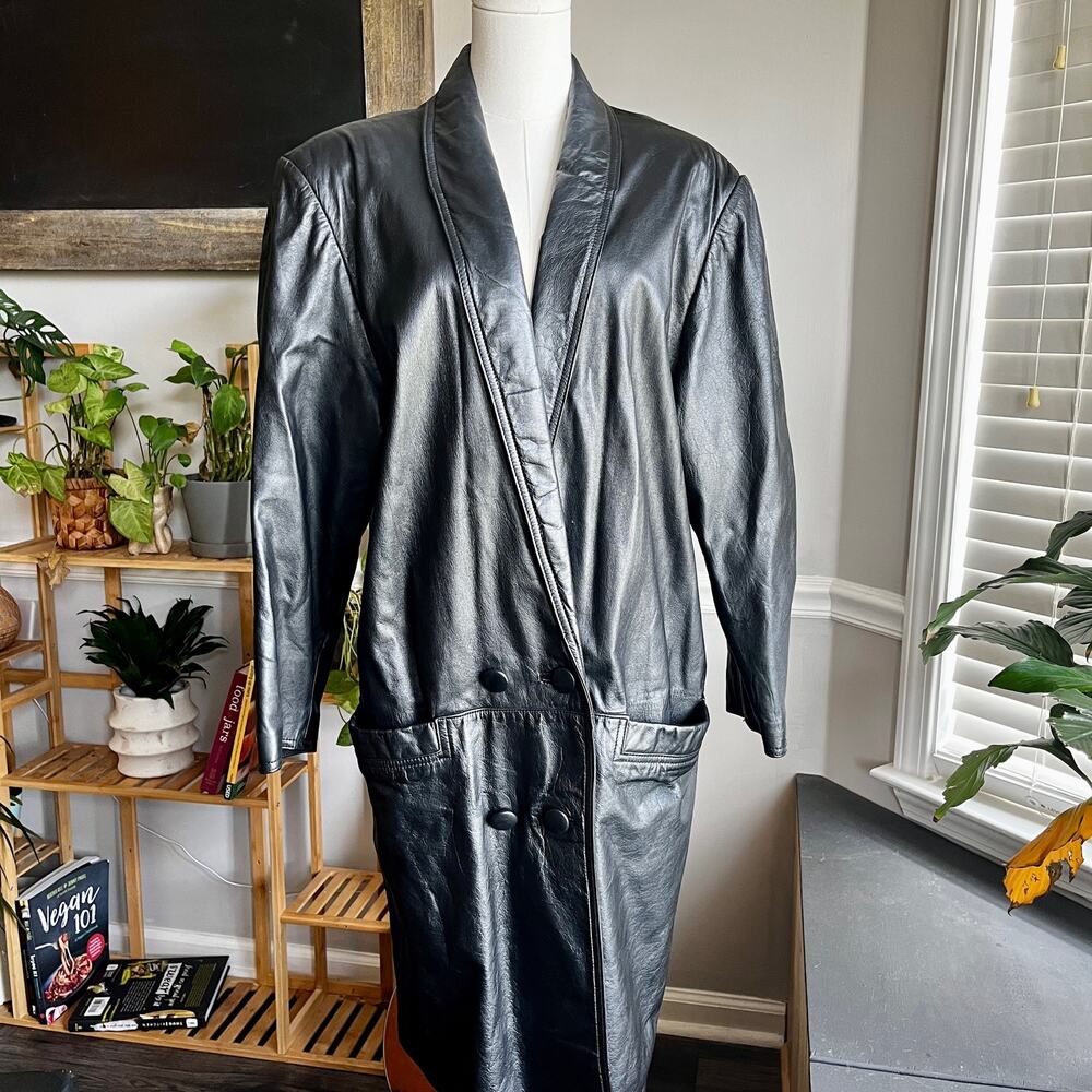 Vintage 90s Black Leather Double Breasted Collared Trench Coat Size Medium